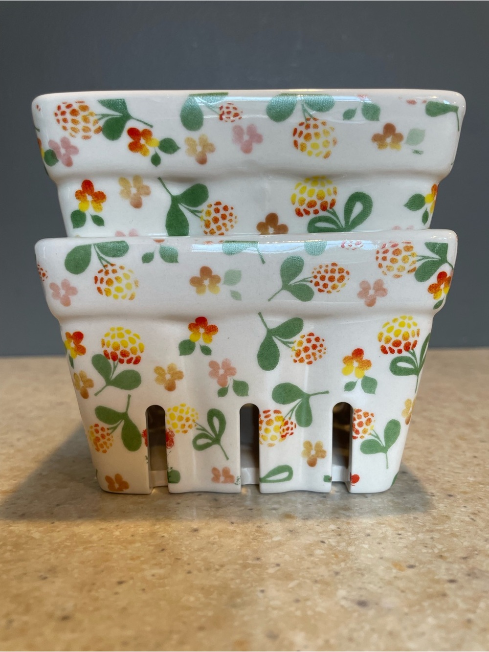 BIEN BEAU Ceramic Berry Baskets Colanders Set of 2 Ditzy Floral Print Farmhouse